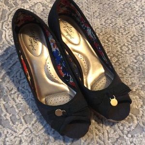 Dexflex Comfort Black Cork Wedge peep Toe Heels